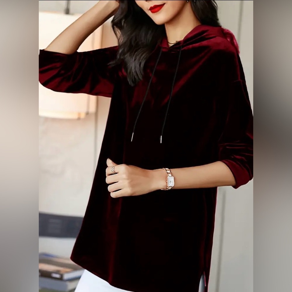 Luxurious Burgundy Maroon Velvet Top | L | Long Sleeve | Hoodie | New
